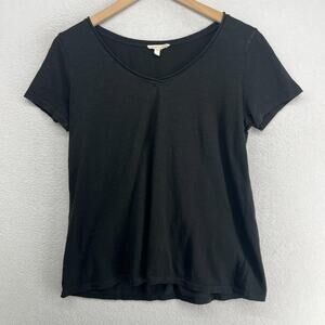 EILEEN FISHER Top PL Slub Organic Cotton Jersey Rolled V-Neck Short Sleeve Black